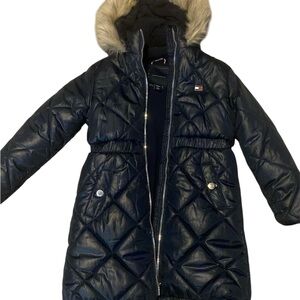 Tommy Hilfiger Navy Quilted Hooded Puffer with Faux Fur Trim girls size 7